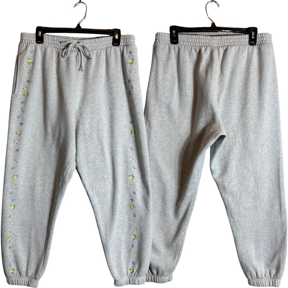 PINK Victoria's Secret Floral Embroidered Fleece Jogger Sweatpants Women's Large - Picture 2 of 11